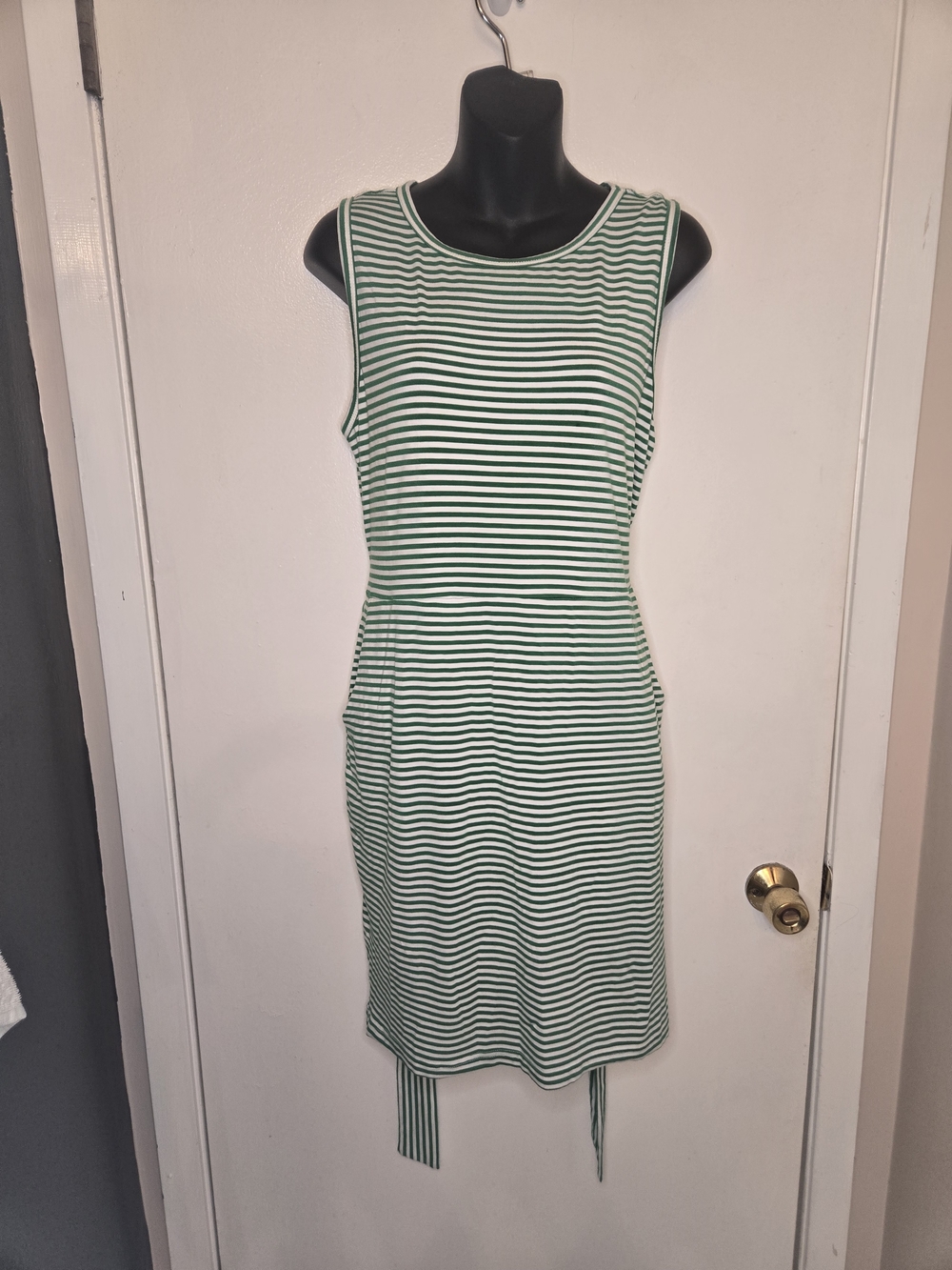 Green and White Striped Sleeveless Mini Dress